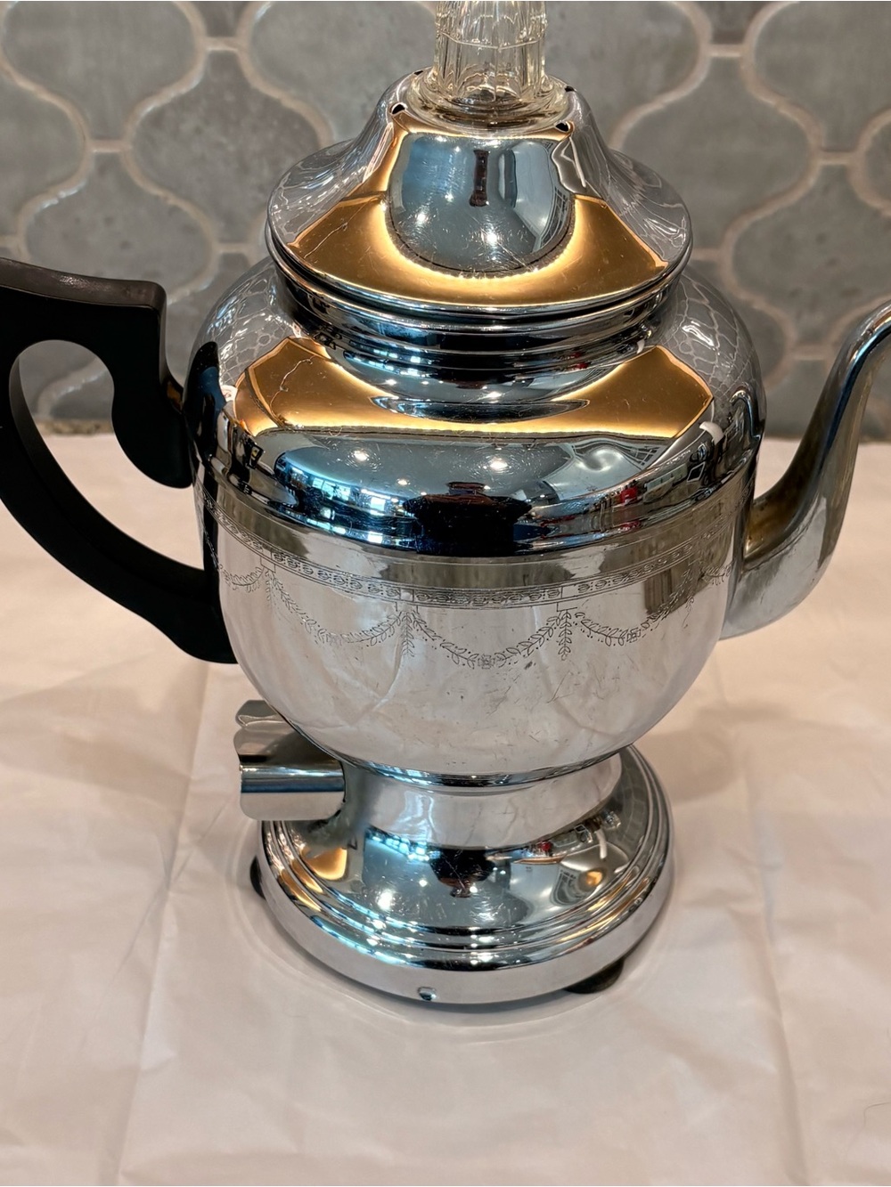 Vintage Farberware Electric Coffee Percolator Chrome Floral Etched Design